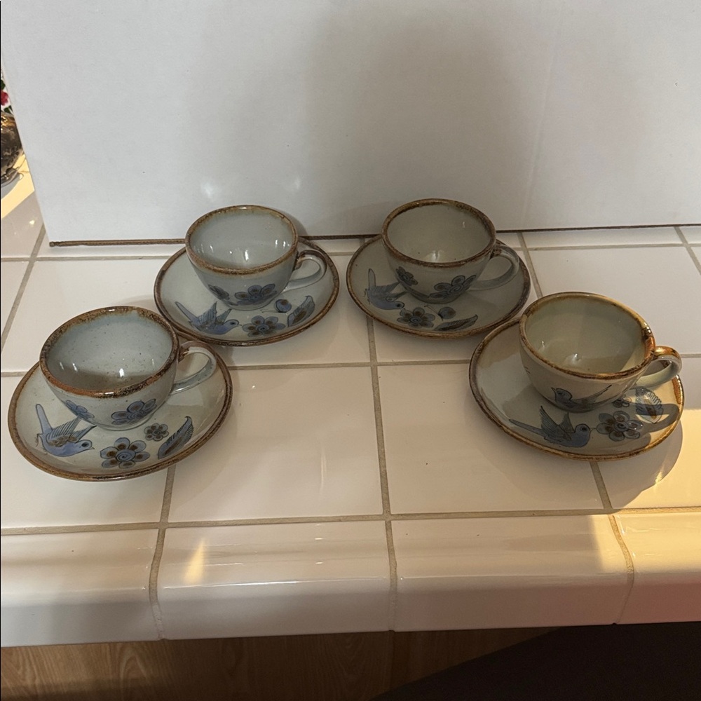 Ken Edwards Mexican TONALA POTTERY El Palomar 4 piece cup & saucer #2 🐈‍⬛